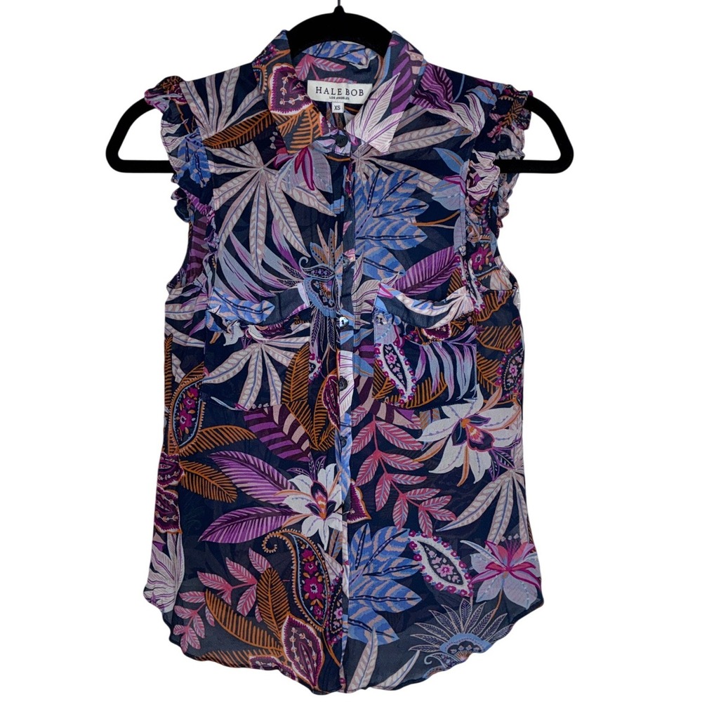 Hale Bob Womens XS Sheer Blue Pink Floral Paisley Ruffle Sleeveless Blouse Boho